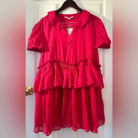 NWT KIMCHI BLUE Pink Ruffled Babydoll Cotton Large Peter Pan Collar Puff Sleeves - Picture 1 of 11